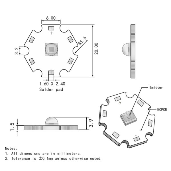 LED 3W Disipador Dimension